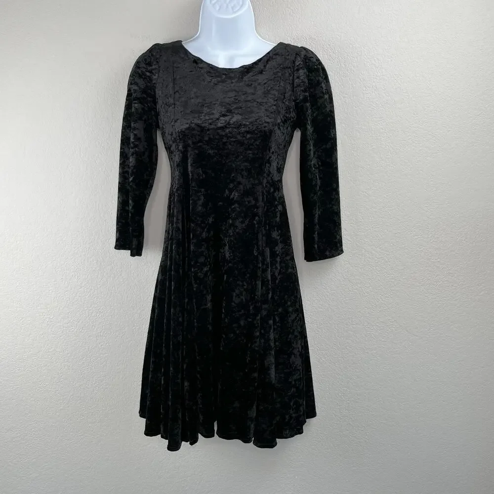 Vintage Black Crushed Velvet Mini Dress Girls 10 Fits Adult XXS 00 Witchy
